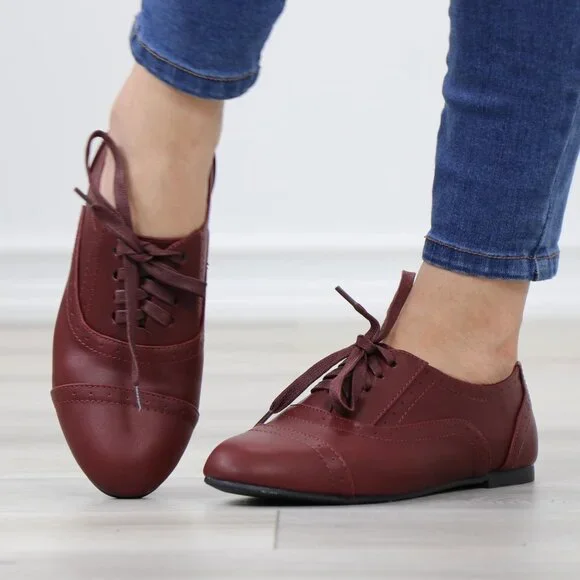 Wine Synthetic Leather Lace up Flat Heel Oxford Style Shoes - Picture 11 of 15